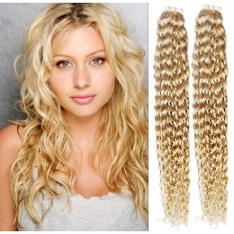 Vlasy pro metodu Pu Extension / TapeX / Tape Hair / Tape IN 60cm kučeravé - najsvetlejšia blond